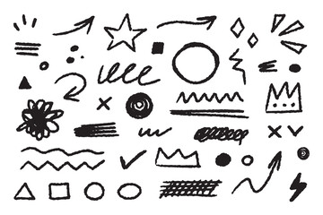 Collection of hand drawn simple decorative elements. Doodle shapes and squiggles in grunge style.