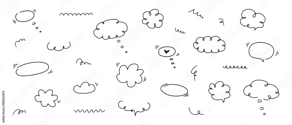 Aufkleber speech bubbles, clouds and and doodle elements hand drawn set. isolated simple vector illustration o