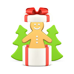 Christmas luxury gingerbread man toy in gift box with spruce 3d icon realistic vector illustration. Xmas New Year premium festive winter holiday surprise golden bauble in present pack with bow