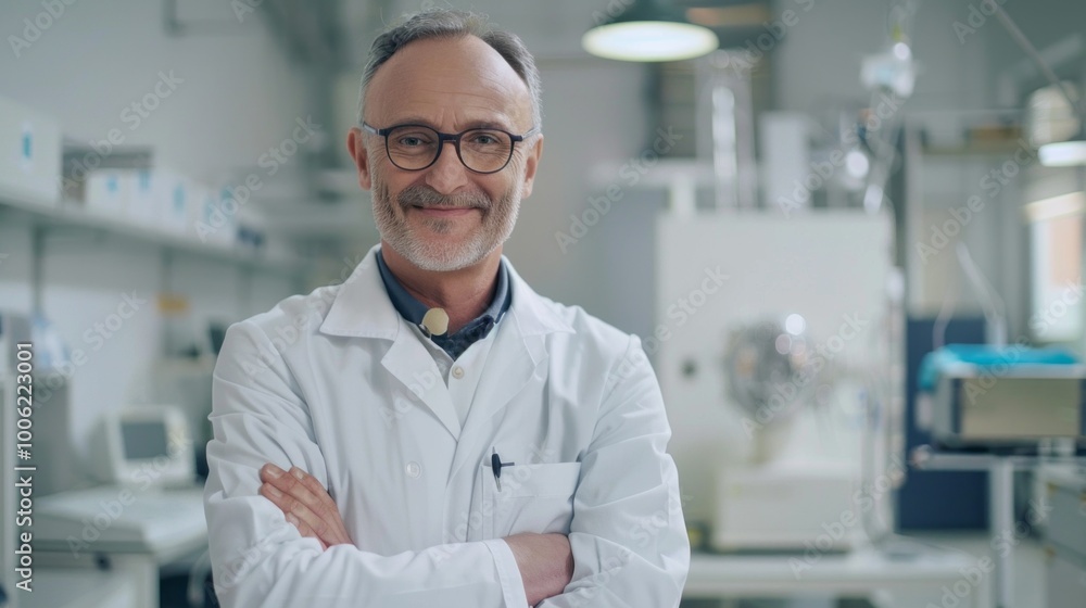 Poster a man in a white lab coat is smiling and posing for a picture