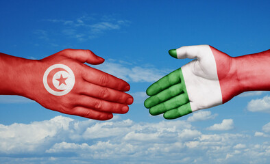 Italy and Tunisia country handshaking with flags, consensus concept international co-operation illustration