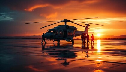 Rescue helicopter and crew ready for takeoff on wet ground at sunset.
