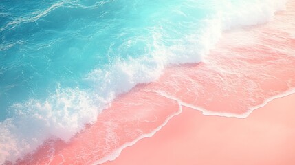 Fototapeta premium Gentle waves caress a soft pink shore under a serene blue sky, creating a tranquil coastal scene.