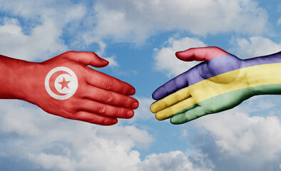 Mauritius and Tunisia country handshaking with flags, consensus concept international co-operation illustration