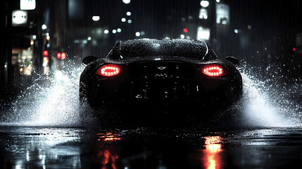 Car Driving Through Rain at Night with Splashing Water