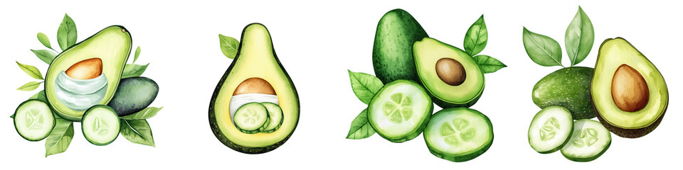 Fresh avocados and cucumbers illustrated on a white isolated background.
