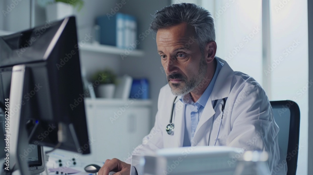 Poster a man in a white lab coat is sitting at a computer in a medical office