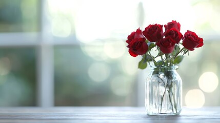 Red Roses in a Glass Bottle on a Wooden Table by a Window, vibrant blooms showcasing rich colors, delicate petals reflecting light, warm ambiance enhancing natural beauty.
