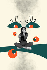 Vertical photo collage of scared panic girl bite fingers hold phone eyeball vision spy cyberbully...