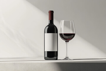 Red wine bottle and glass on a grey background with a blank label for text, closeup view. Created with Ai