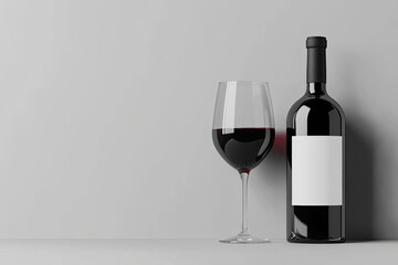 Red wine bottle and glass on a grey background with a white label mockup. This is a real photo of red wine in the glass and a wine bottle on a concrete table. Created with Ai