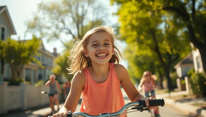 Obraz premium Portrait of a girl riding a bike on a tree-lined street, friends in the background.