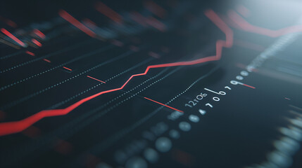 Close-up of digital screen showing downward-trending line graph symbolizing rate cut in financial markets, clean background for copy space, professional financial analysis concept.