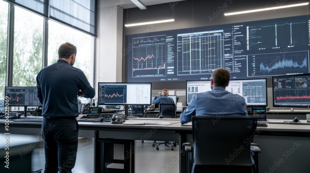 Poster engineers engage in real-time data analysis within a high-tech control room, surrounded by large scr