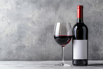 Red wine bottle and glass on a grey background with a white label mockup, with copy space for design or text. Created with Ai