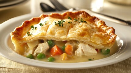 A hearty plate of chicken pot pie, with flaky pastry crust encasing a creamy filling of chicken, vegetables, and gravy, a comforting homemade meal.
