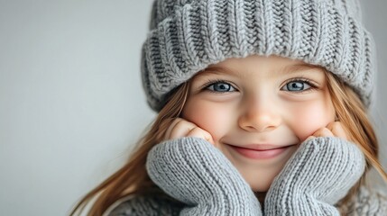 Smiling girl in cozy knit hat and sweater showing joy and warmth, soft background highlights her cheerful expression.