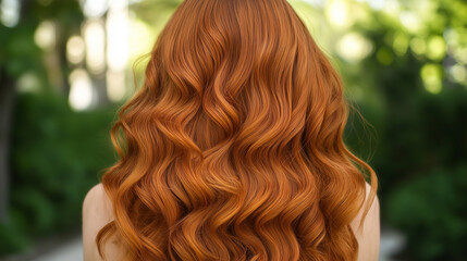 Curly red hair closeup, no face. Back view of beautiful ginger woman with long wavy hair.