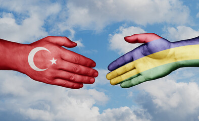 Mauritius and Turkey country handshaking with flags, consensus concept international co-operation illustration