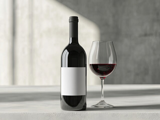 A mockup of an elegant wine bottle with a blank white label, next to it is a glass filled with red wine, placed on a clean concrete table surface. Created with Ai