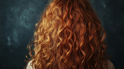 Curly red hair closeup, no face. Back view of beautiful ginger woman with long wavy hair.