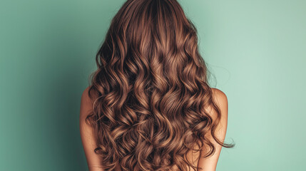 Curly brown hair closeup, no face. Back view of beautiful brown haired woman with long wavy hair.