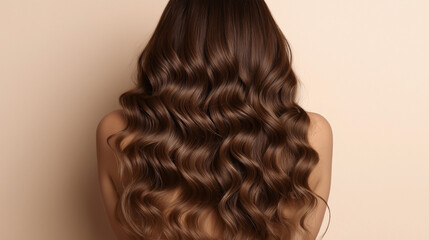 Curly brown hair closeup, no face. Back view of beautiful brown haired woman with long wavy hair.