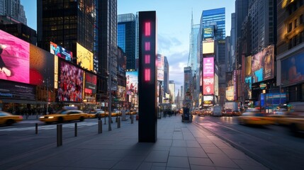 A tall, illuminated billboard stands prominently against a busy city street filled with neon signs and trailing traffic lights, creating a lively urban vibe at dusk