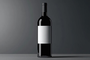 A blank white label on the front of an elegant wine bottle, set against a solid gray background for a mockup design. Created with Ai
