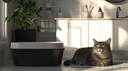 A large cat relaxing next to a litter box, with its eyes half-closed, in a serene and tidy bathroom setting.