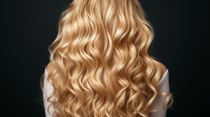Curly blond hair closeup, no face. Back view of beautiful blond woman with long wavy hair.