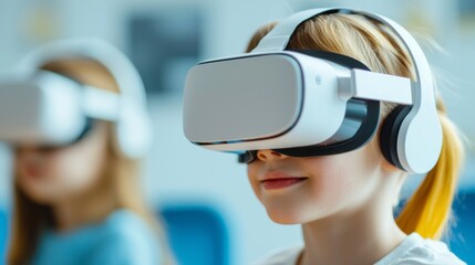 Children engaging with AI and digital science in immersive virtual reality environments, transforming their educational experiences through innovative technology and interactive learning.