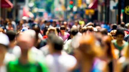 Crowded urban street scene with diverse faces representing various age groups and ethnicities, symbolizing demographic diversity and multiculturalism, with ample copy space for text or design elements