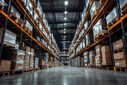A vast warehouse aisle lined with tall metal racks filled with stacked pallets of boxes under bright overhead lights
