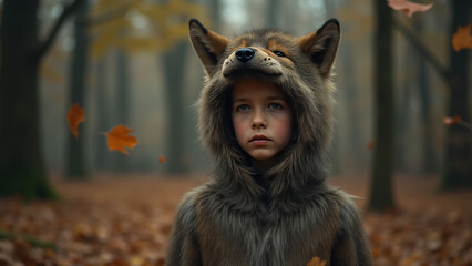 A child wearing a wolf-themed hoodie stands in an autumn forest, their serious expression contrasting with the playful energy of the quadrobics scene around them.