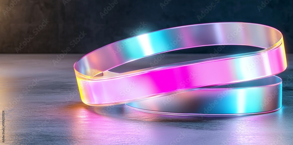 Poster an abstract panorama of dynamic neon lines glowing in a dark room with reflections on the floor. a v