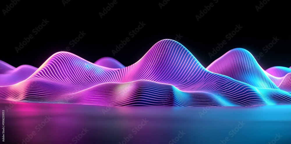 Poster this is an abstract panoramic background with twisted dynamic neon lines glowing in the dark room wi