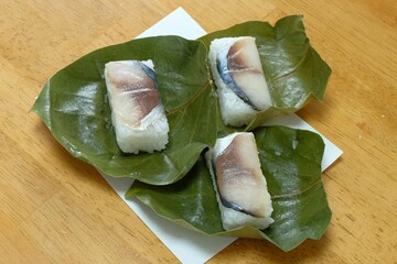 mackerel sushi wrapped in persimmon leaves