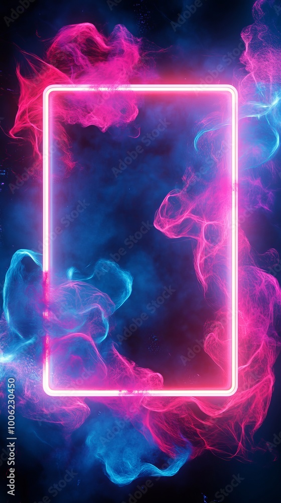 Poster Neon rectangle frame glowing on colorful smoke background