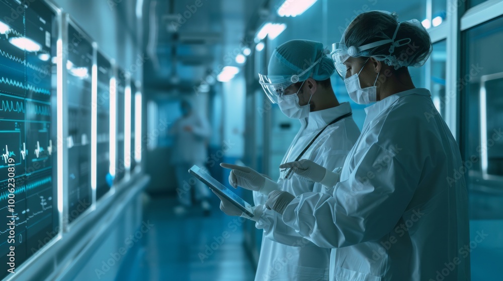 Poster two doctors are looking at a computer screen in a hospital