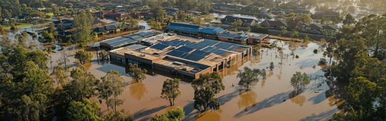 Obraz premium Aerial View of Flooded City Streets and Buildings After Heavy Rainfall