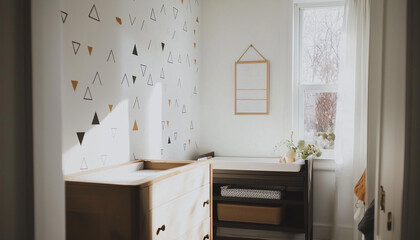 Editorial photo of a modern nursery with geometric wall decals, a changing table, and neutral-toned decor