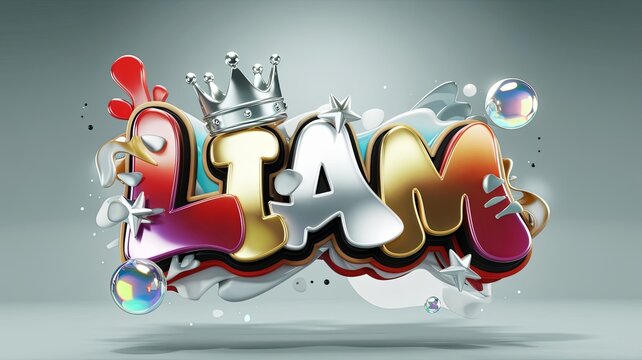 3D logo Name design for Liam with vibrant and bright letters. The name is bathed in a mesmerizing mix of red, gold, silver and white, Generative AI