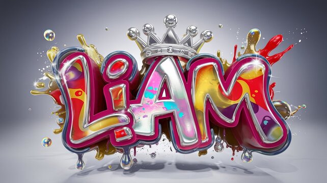 3D logo Name design for Liam with vibrant and bright letters. The name is bathed in a mesmerizing mix of red, gold, silver and white, Generative AI