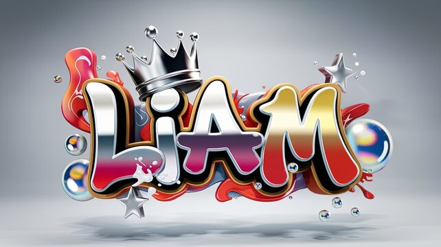 3D logo Name design for Liam with vibrant and bright letters. The name is bathed in a mesmerizing mix of red, gold, silver and white, Generative AI