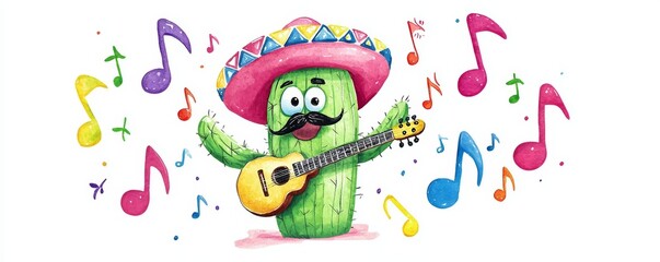Obraz premium A musical cactus performing a serenade, complete with a sombrero and mustache, surrounded by music notes.