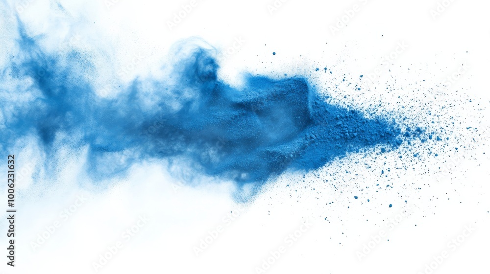 Poster blue powder exploding creating a colorful cloud on white background