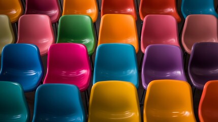 Naklejka premium Rows of brightly colored chairs are meticulously arranged to form a geometric pattern that conveys energy and playfulness. The vivid hues create an inviting and lively environment