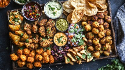 A mouthwatering platter of Indian street food, featuring spicy chaat, crispy pakoras, and savory samosas, offering a burst of flavors and textures.