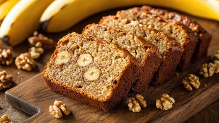 A mouthwatering slice of banana bread, moist and flavorful with ripe bananas, walnuts, and a hint of cinnamon, served on a rustic wooden board.